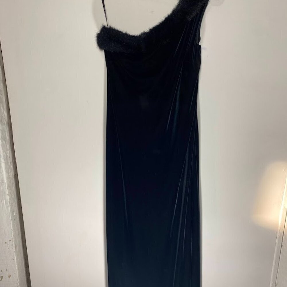 Arianna by Rachel Kaye Black Velvet Fur One Shoulder Dress